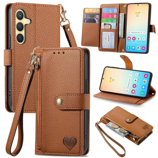 For Samsung Galaxy S25 5G Love Zipper Lanyard Leather Phone Case(Brown) - Galaxy S25 5G Cases by PMC Jewellery | Online Shopping South Africa | PMC Jewellery | Buy Now Pay Later Mobicred