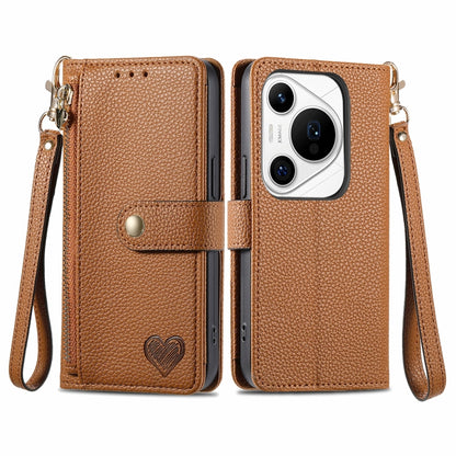 For Huawei Pura 70 Pro Love Zipper Lanyard Leather Phone Case(Brown) - Huawei Cases by PMC Jewellery | Online Shopping South Africa | PMC Jewellery | Buy Now Pay Later Mobicred