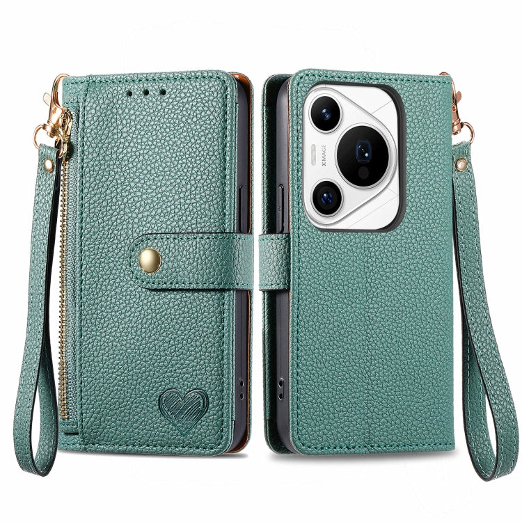 For Huawei Pura 70 Pro Love Zipper Lanyard Leather Phone Case(Green) - Huawei Cases by PMC Jewellery | Online Shopping South Africa | PMC Jewellery | Buy Now Pay Later Mobicred