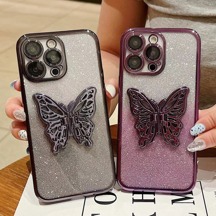 For iPhone 16 Electroplated Gradient Glitter 3D Butterfly TPU Phone Case(Gradient Black) - iPhone 16 Cases by PMC Jewellery | Online Shopping South Africa | PMC Jewellery | Buy Now Pay Later Mobicred