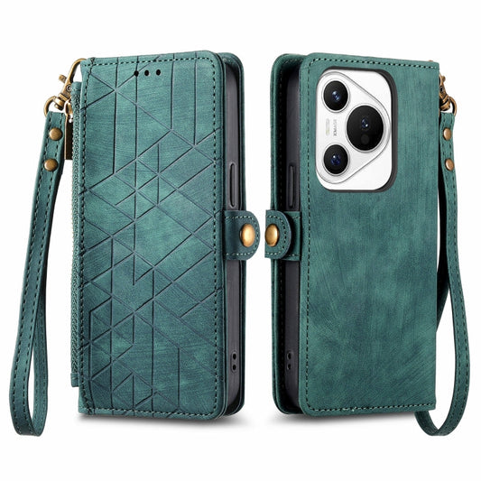 For Huawei Pura 70 Geometric Zipper Wallet Side Buckle Leather Phone Case(Green) - Huawei Cases by PMC Jewellery | Online Shopping South Africa | PMC Jewellery | Buy Now Pay Later Mobicred