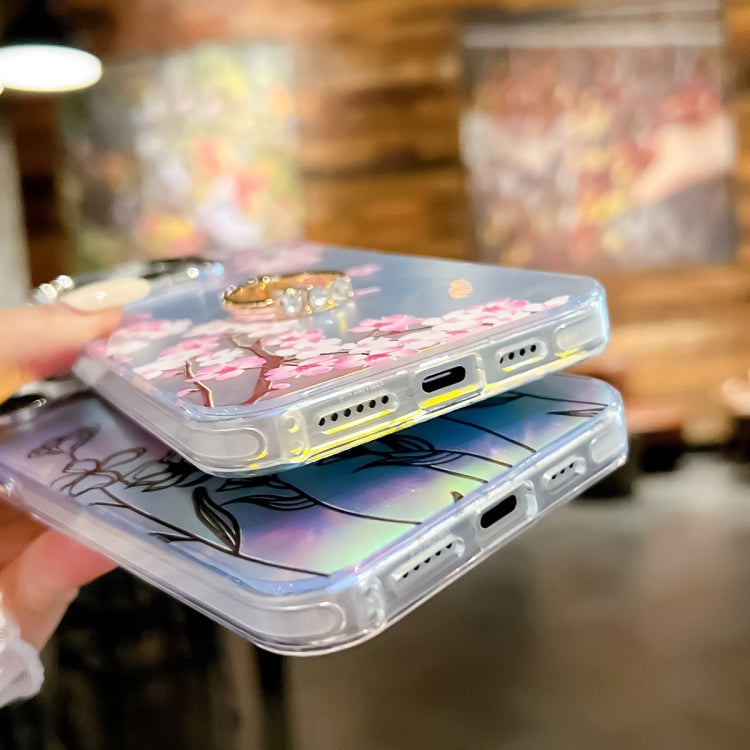 For iPhone 16 Plus Electroplating Laser Flower Ring Holder TPU Phone Case(Lavender AH14) - iPhone 16 Plus Cases by PMC TechLife | Online Shopping South Africa | PMC TechLife | Buy Now Pay Later Mobicred