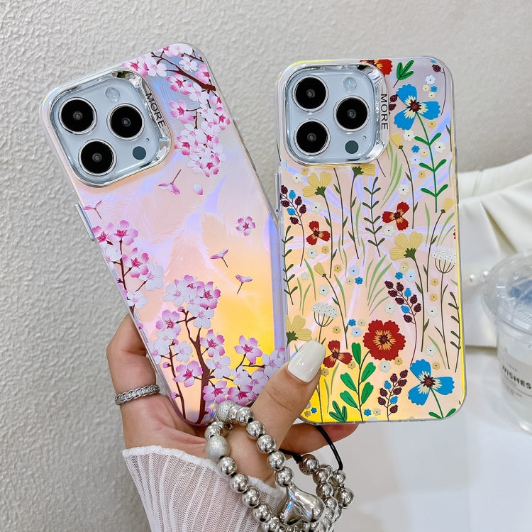 For iPhone 16 Electroplating Laser Flower Phone Case with Wrist Strap(Myosotis AH2) - iPhone 16 Cases by PMC Jewellery | Online Shopping South Africa | PMC Jewellery | Buy Now Pay Later Mobicred