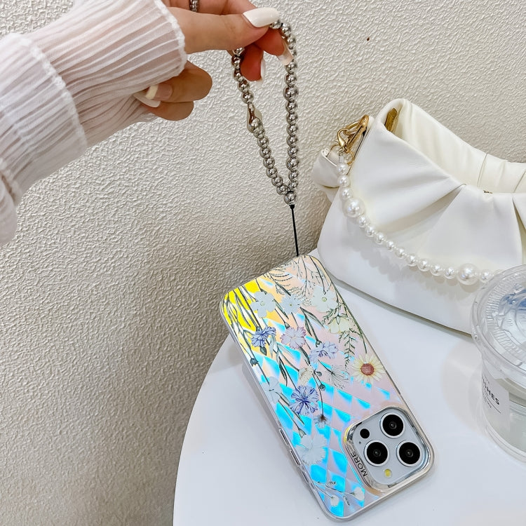For iPhone 16 Pro Electroplating Laser Flower Phone Case with Wrist Strap(White Flower AH10) - iPhone 16 Pro Cases by PMC TechLife | Online Shopping South Africa | PMC TechLife | Buy Now Pay Later Mobicred