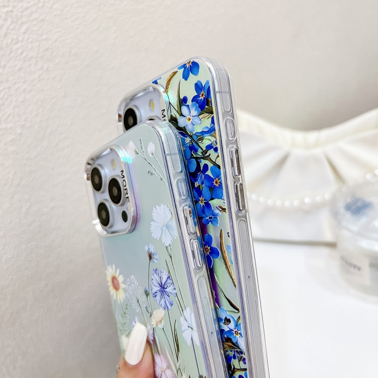 For iPhone 16 Electroplating Laser Flower Phone Case with Wrist Strap(Myosotis AH2) - iPhone 16 Cases by PMC Jewellery | Online Shopping South Africa | PMC Jewellery | Buy Now Pay Later Mobicred