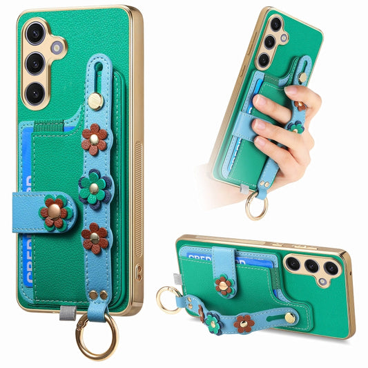 For Samsung Galaxy S24+ 5G Stereoscopic Flowers Wristband Card Bag Phone Case(Green) - Galaxy S24+ 5G Cases by PMC Jewellery | Online Shopping South Africa | PMC Jewellery | Buy Now Pay Later Mobicred