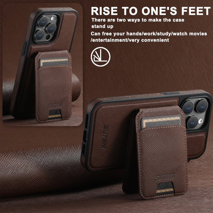 For iPhone 15 Pro Max Suteni M2 Cross-Grain MagSafe Vertical Card Back Phone Case(Brown) - iPhone 15 Pro Max Cases by Suteni | Online Shopping South Africa | PMC Jewellery | Buy Now Pay Later Mobicred