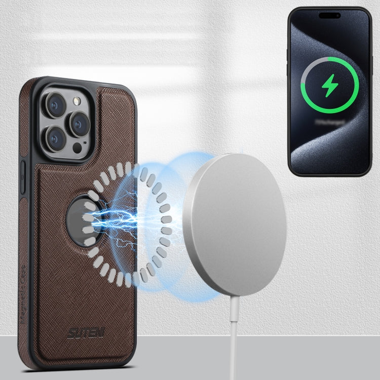 For iPhone 15 Suteni M2 Cross-Grain MagSafe Vertical Card Back Phone Case(Brown) - iPhone 15 Cases by Suteni | Online Shopping South Africa | PMC Jewellery | Buy Now Pay Later Mobicred