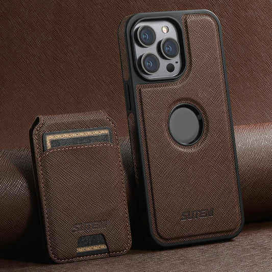 For iPhone 14 Pro Suteni M2 Cross-Grain MagSafe Vertical Card Back Phone Case(Brown) - iPhone 14 Pro Cases by Suteni | Online Shopping South Africa | PMC Jewellery | Buy Now Pay Later Mobicred