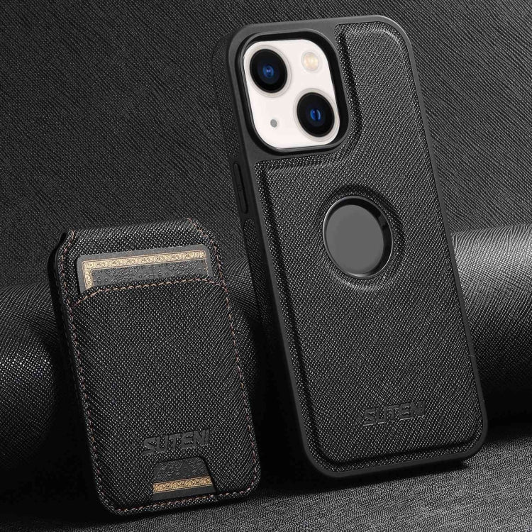 For iPhone 14 Suteni M2 Cross-Grain MagSafe Vertical Card Back Phone Case(Black) - iPhone 14 Cases by Suteni | Online Shopping South Africa | PMC Jewellery | Buy Now Pay Later Mobicred