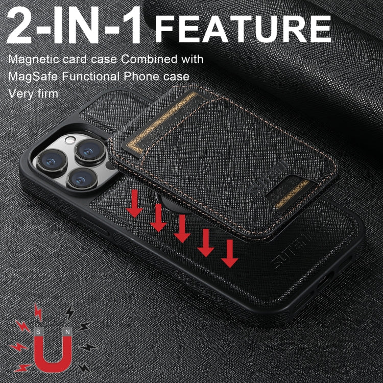 For iPhone 14 Suteni M2 Cross-Grain MagSafe Vertical Card Back Phone Case(Black) - iPhone 14 Cases by Suteni | Online Shopping South Africa | PMC Jewellery | Buy Now Pay Later Mobicred