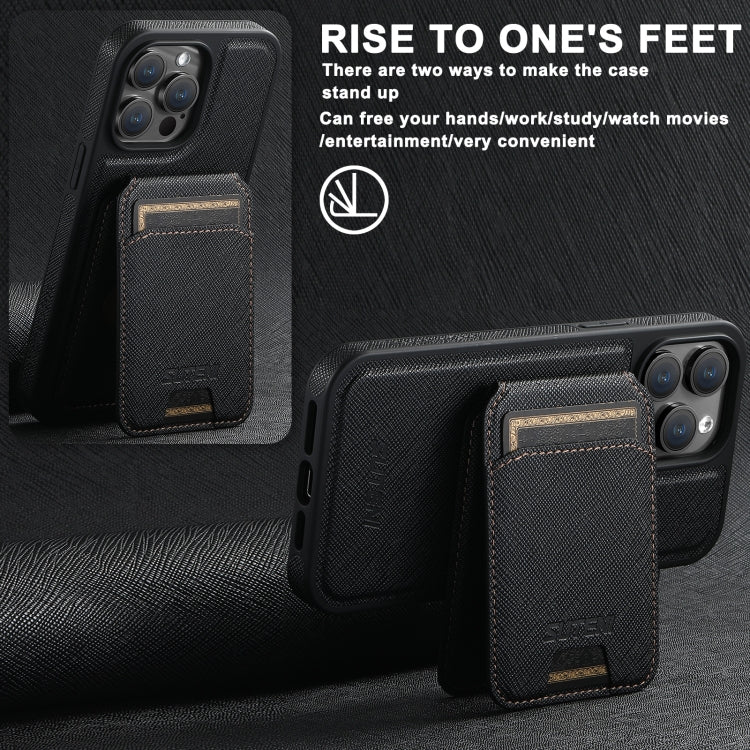 For iPhone 13 Suteni M2 Cross-Grain MagSafe Vertical Card Back Phone Case(Black) - iPhone 13 Cases by Suteni | Online Shopping South Africa | PMC Jewellery | Buy Now Pay Later Mobicred