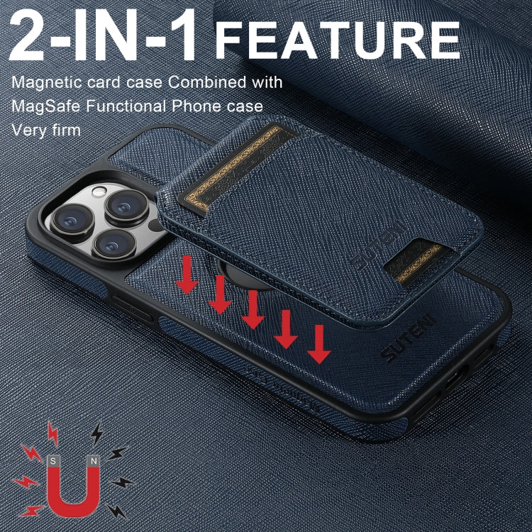 For iPhone 12 Suteni M2 Cross-Grain MagSafe Vertical Card Back Phone Case(Blue) - iPhone 12 / 12 Pro Cases by Suteni | Online Shopping South Africa | PMC Jewellery | Buy Now Pay Later Mobicred