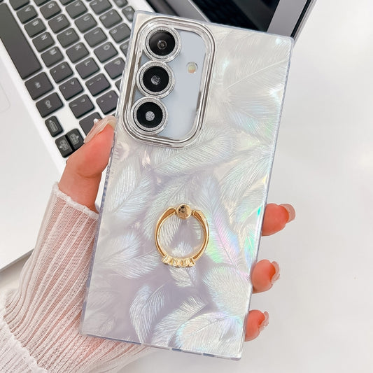 For Samsung Galaxy S25 5G Plating Glitter Texture Ring Holder TPU Phone Case with Lens Film(White Feathers) - Galaxy S25 5G Cases by PMC Jewellery | Online Shopping South Africa | PMC Jewellery | Buy Now Pay Later Mobicred