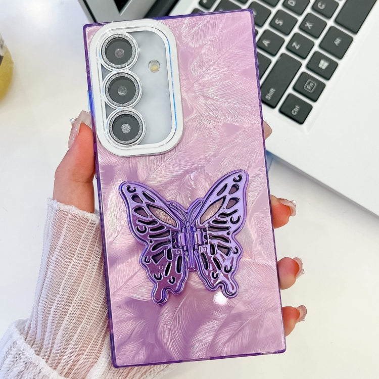 For Samsung Galaxy S25 5G Plating Glitter Texture Butterfly Holder TPU Phone Case with Lens Film(Purple Feathers) - Galaxy S25 5G Cases by PMC Jewellery | Online Shopping South Africa | PMC Jewellery | Buy Now Pay Later Mobicred