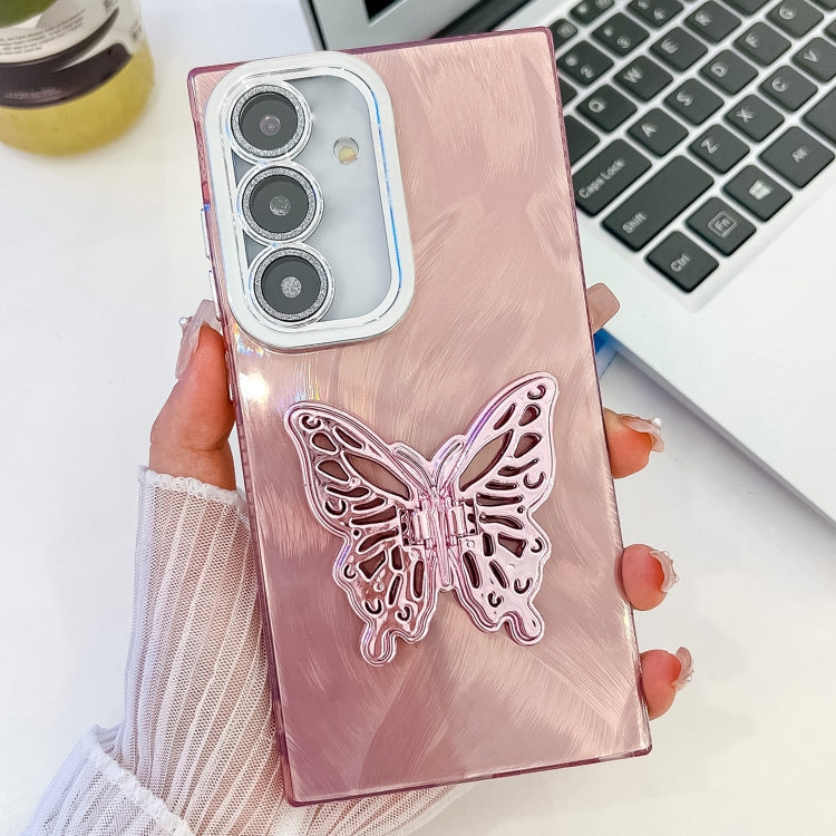 For Samsung Galaxy S25 5G Plating Glitter Texture Butterfly Holder TPU Phone Case with Lens Film(Pink Feather Yarn) - Galaxy S25 5G Cases by PMC Jewellery | Online Shopping South Africa | PMC Jewellery | Buy Now Pay Later Mobicred