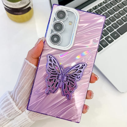 For Samsung Galaxy S25+ 5G Plating Glitter Texture Butterfly Holder TPU Phone Case with Lens Film(Purple Water Ripples) - Galaxy S25+ 5G Cases by PMC Jewellery | Online Shopping South Africa | PMC Jewellery | Buy Now Pay Later Mobicred