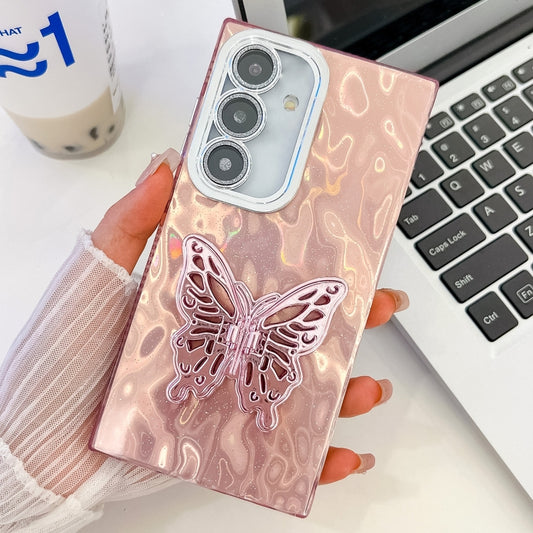 For Samsung Galaxy S25+ 5G Plating Glitter Texture Butterfly Holder TPU Phone Case with Lens Film(Pink Wrinkles) - Galaxy S25+ 5G Cases by PMC Jewellery | Online Shopping South Africa | PMC Jewellery | Buy Now Pay Later Mobicred