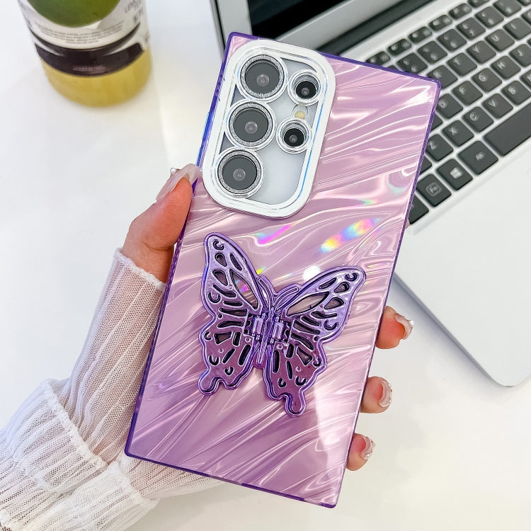 For Samsung Galaxy S25 Ultra 5G Plating Glitter Texture Butterfly Holder TPU Phone Case with Lens Film(Purple Water Ripples) - Galaxy S25 Ultra 5G Cases by PMC Jewellery | Online Shopping South Africa | PMC Jewellery | Buy Now Pay Later Mobicred