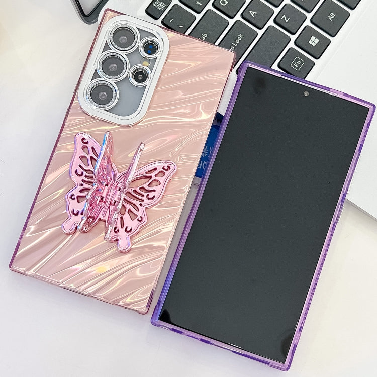 For Samsung Galaxy S25+ 5G Plating Glitter Texture Butterfly Holder TPU Phone Case with Lens Film(Pink Water Ripples) - Galaxy S25+ 5G Cases by PMC Jewellery | Online Shopping South Africa | PMC Jewellery | Buy Now Pay Later Mobicred