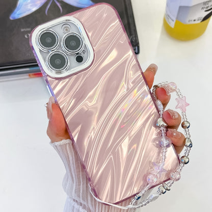 For iPhone 16 Plus Plating Glitter Texture Chain Wristband TPU Phone Case with Lens Film(Pink Water Ripples) - iPhone 16 Plus Cases by PMC Jewellery | Online Shopping South Africa | PMC Jewellery | Buy Now Pay Later Mobicred