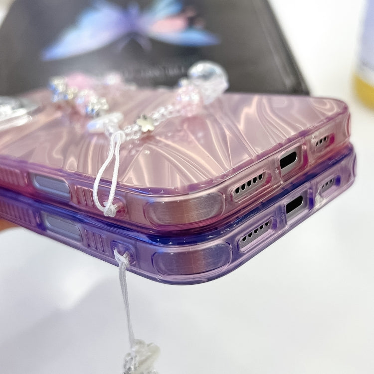 For iPhone 16e Plating Glitter Texture Chain Wristband TPU Phone Case with Lens Film(Purple Feathers) - iPhone 16e Cases by PMC TechLife | Online Shopping South Africa | PMC TechLife | Buy Now Pay Later Mobicred