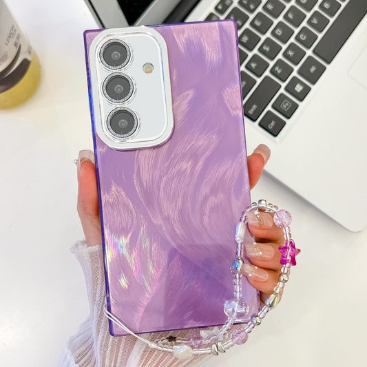 For Samsung Galaxy S25 5G Plating Glitter Texture Chain Wristband TPU Phone Case with Lens Film(Purple Feather Yarn) - Galaxy S25 5G Cases by PMC Jewellery | Online Shopping South Africa | PMC Jewellery | Buy Now Pay Later Mobicred