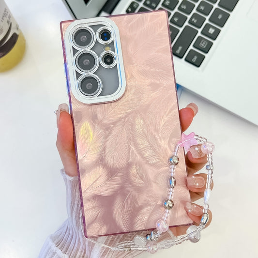 For Samsung Galaxy S25 Ultra 5G Plating Glitter Texture Chain Wristband TPU Phone Case with Lens Film(Pink Feathers) - Galaxy S25 Ultra 5G Cases by PMC Jewellery | Online Shopping South Africa | PMC Jewellery | Buy Now Pay Later Mobicred