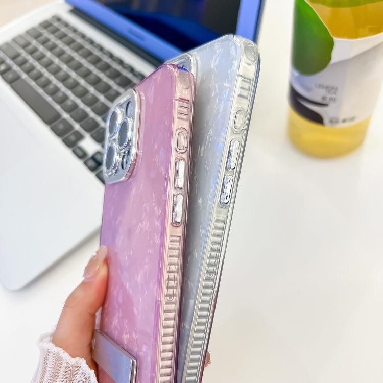 For iPhone 16e Plating Glitter Texture Fold Holder TPU Phone Case with Lens Film(Pink Water Ripples) - iPhone 16e Cases by PMC TechLife | Online Shopping South Africa | PMC TechLife | Buy Now Pay Later Mobicred