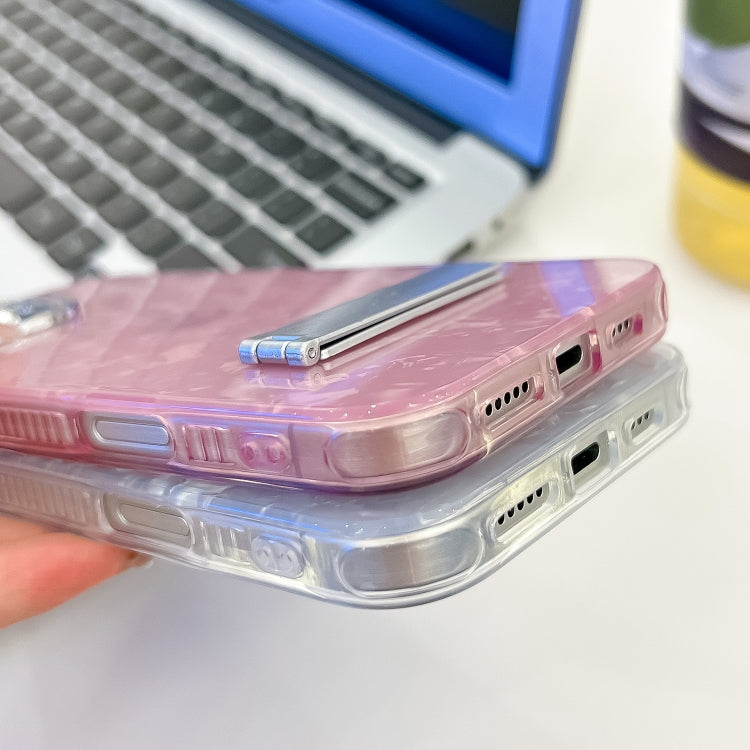 For iPhone 16 Pro Max Plating Glitter Texture Fold Holder TPU Phone Case with Lens Film(White Water Ripples) - iPhone 16 Pro Max Cases by PMC TechLife | Online Shopping South Africa | PMC TechLife | Buy Now Pay Later Mobicred