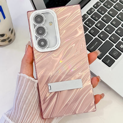 For Samsung Galaxy S25 5G Plating Glitter Texture Fold Holder TPU Phone Case with Lens Film(Pink Water Ripples) - Galaxy S25 5G Cases by PMC Jewellery | Online Shopping South Africa | PMC Jewellery | Buy Now Pay Later Mobicred