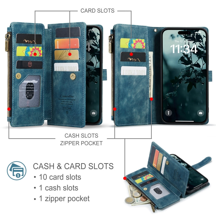For iPhone 16 Pro Max CaseMe C30 Card Slots Zipper Wallet Leather Phone Case(Blue) - iPhone 16 Pro Max Cases by CaseMe | Online Shopping South Africa | PMC TechLife | Buy Now Pay Later Mobicred