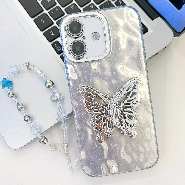 For iPhone 16 Plus Plating Glitter Lens Film Texture Butterfly Holder Wristband Phone Case(White Wrinkles) - iPhone 16 Plus Cases by PMC Jewellery | Online Shopping South Africa | PMC Jewellery | Buy Now Pay Later Mobicred