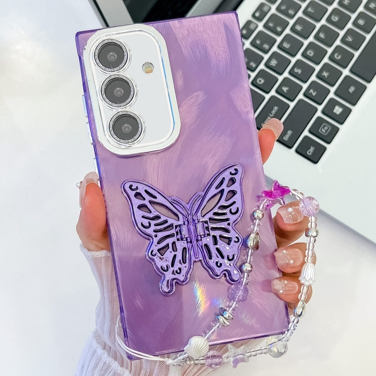 For Samsung Galaxy S25+ 5G Plating Glitter Lens Film Texture Butterfly Holder Wristband Phone Case(Purple Feather Yarn) - Galaxy S25+ 5G Cases by PMC Jewellery | Online Shopping South Africa | PMC Jewellery | Buy Now Pay Later Mobicred