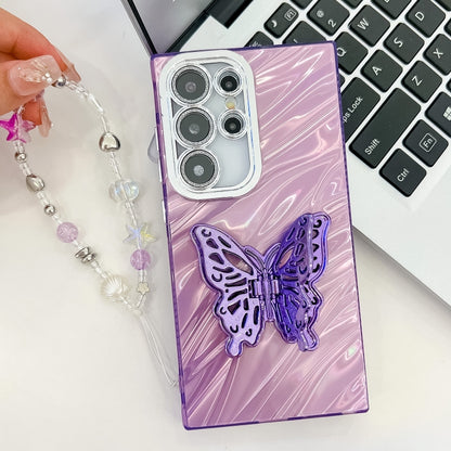 For Samsung Galaxy S25 5G Plating Glitter Lens Film Texture Butterfly Holder Wristband Phone Case(Pink Shell Pattern) - Galaxy S25 5G Cases by PMC Jewellery | Online Shopping South Africa | PMC Jewellery | Buy Now Pay Later Mobicred