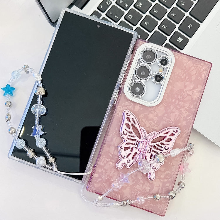 For Samsung Galaxy S25+ 5G Plating Glitter Lens Film Texture Butterfly Holder Wristband Phone Case(White Shell Pattern) - Galaxy S25+ 5G Cases by PMC Jewellery | Online Shopping South Africa | PMC Jewellery | Buy Now Pay Later Mobicred