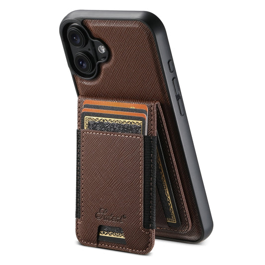 For iPhone 16 Suteni H17 Cross Grain Leather MagSafe Detachable Wallet Phone Case(Brown) - iPhone 16 Cases by Suteni | Online Shopping South Africa | PMC Jewellery | Buy Now Pay Later Mobicred