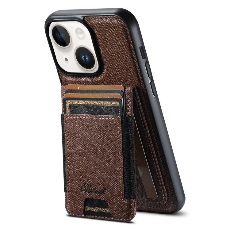 For iPhone 15 Plus Suteni H17 Cross Grain Leather MagSafe Detachable Wallet Phone Case(Brown) - iPhone 15 Plus Cases by Suteni | Online Shopping South Africa | PMC Jewellery | Buy Now Pay Later Mobicred