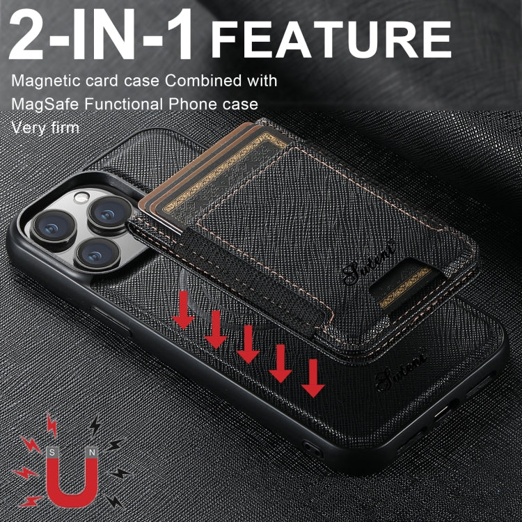 For iPhone 14 Pro Suteni H17 Cross Grain Leather MagSafe Detachable Wallet Phone Case(Black) - iPhone 14 Pro Cases by Suteni | Online Shopping South Africa | PMC Jewellery | Buy Now Pay Later Mobicred