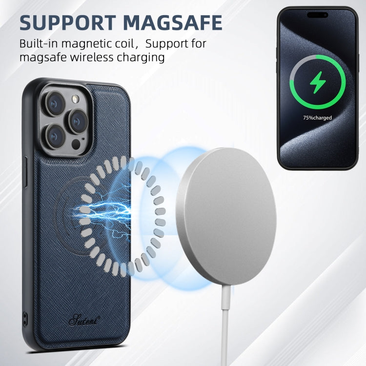 For iPhone 14 Suteni H17 Cross Grain Leather MagSafe Detachable Wallet Phone Case(Blue) - free shipping - PMC Jewellery - Order now!