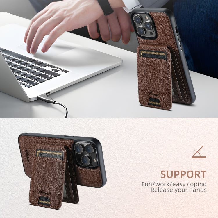 For iPhone 14 Pro Max Suteni H18 Cross Grain MagSafe Wallet Leather Phone Case(Brown) - iPhone 14 Pro Max Cases by Suteni | Online Shopping South Africa | PMC Jewellery | Buy Now Pay Later Mobicred