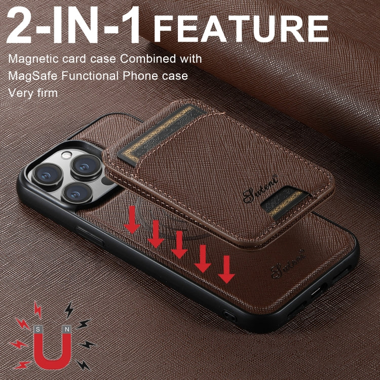 For iPhone 14 Pro Max Suteni H18 Cross Grain MagSafe Wallet Leather Phone Case(Brown) - iPhone 14 Pro Max Cases by Suteni | Online Shopping South Africa | PMC Jewellery | Buy Now Pay Later Mobicred