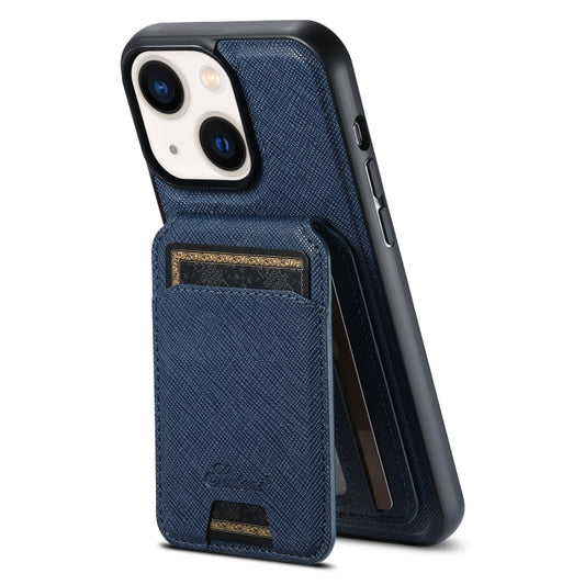 For iPhone 14 Suteni H18 Cross Grain MagSafe Wallet Leather Phone Case(Blue) - iPhone 14 Cases by Suteni | Online Shopping South Africa | PMC Jewellery | Buy Now Pay Later Mobicred