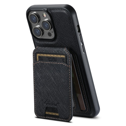 For iPhone 12 Pro Max Suteni H18 Cross Grain MagSafe Wallet Leather Phone Case(Black) - iPhone 12 Pro Max Cases by Suteni | Online Shopping South Africa | PMC Jewellery | Buy Now Pay Later Mobicred