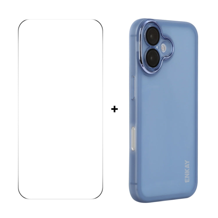 For iPhone 16 ENKAY Hat-Prince Translucent Matte TPU Phone Case with Lens Film + 9H Big Arc Edge Film(Blue) - iPhone 16 Cases by ENKAY | Online Shopping South Africa | PMC Jewellery | Buy Now Pay Later Mobicred