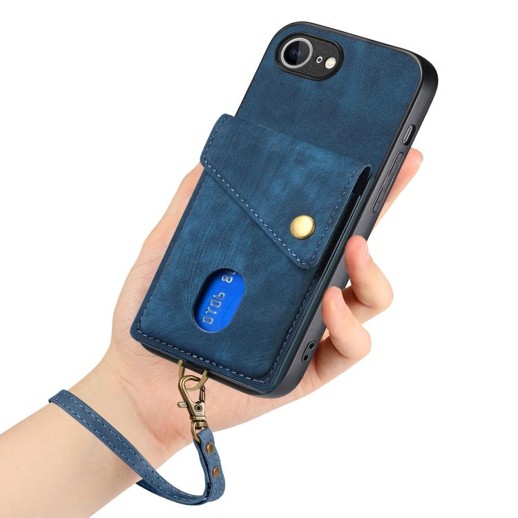 For iPhone 16e Retro Card Wallet Fold Leather Phone Case with Strap(Blue) - free shipping - PMC TechLife - Order now!