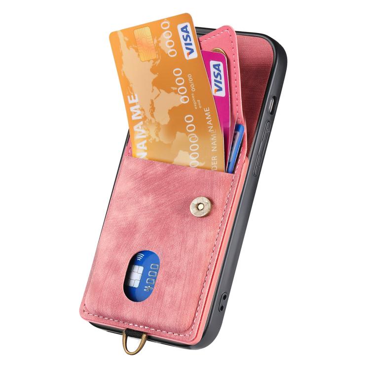 For iPhone 16e Retro Card Wallet Fold Leather Phone Case with Strap(Pink) - iPhone 16e Cases by PMC TechLife | Online Shopping South Africa | PMC TechLife | Buy Now Pay Later Mobicred