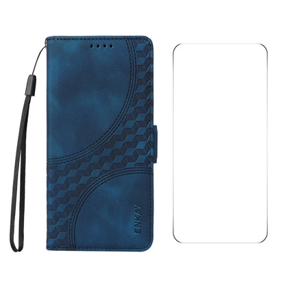 For iPhone 16 ENKAY Embossed Rhombus Starry Leather Phone Case with Screen Film(Blue) - iPhone 16 Cases by ENKAY | Online Shopping South Africa | PMC Jewellery | Buy Now Pay Later Mobicred