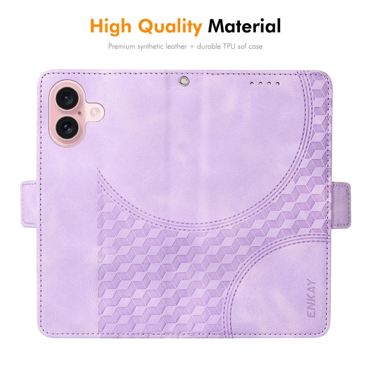 For iPhone 16 ENKAY Embossed Rhombus Starry Leather Phone Case with Screen Film(Purple) - iPhone 16 Cases by ENKAY | Online Shopping South Africa | PMC Jewellery | Buy Now Pay Later Mobicred