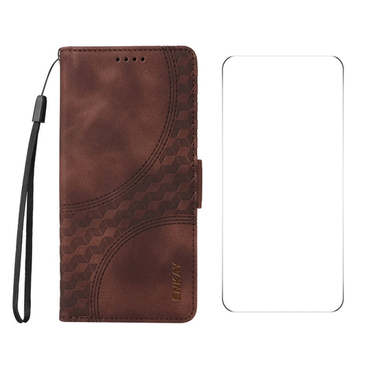 For iPhone 16 ENKAY Embossed Rhombus Starry Leather Phone Case with Screen Film(Brown) - iPhone 16 Cases by ENKAY | Online Shopping South Africa | PMC Jewellery | Buy Now Pay Later Mobicred